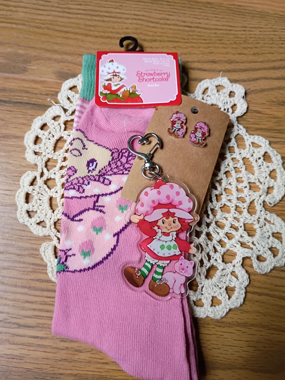 Pink Socks, Keychain And Earrings Set